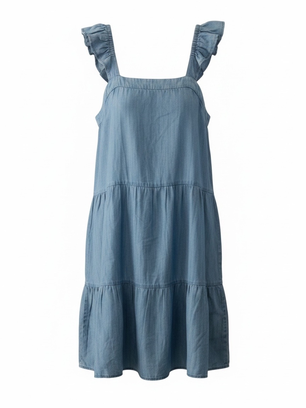 Suzy Shier Denim Chambray Mini Dress Size Small Blue Tiered Ruffles